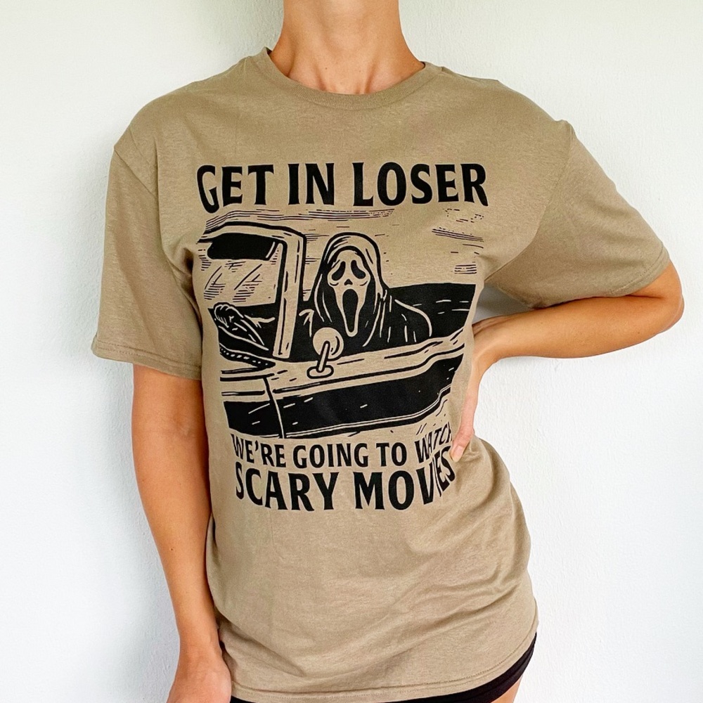 Ghost Face Scream tan Get in Loser scary movie oversized cotton tee size medium